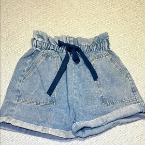 TEMT Paper bag Waist Light Blue Jean Shorts with Navy Tie.